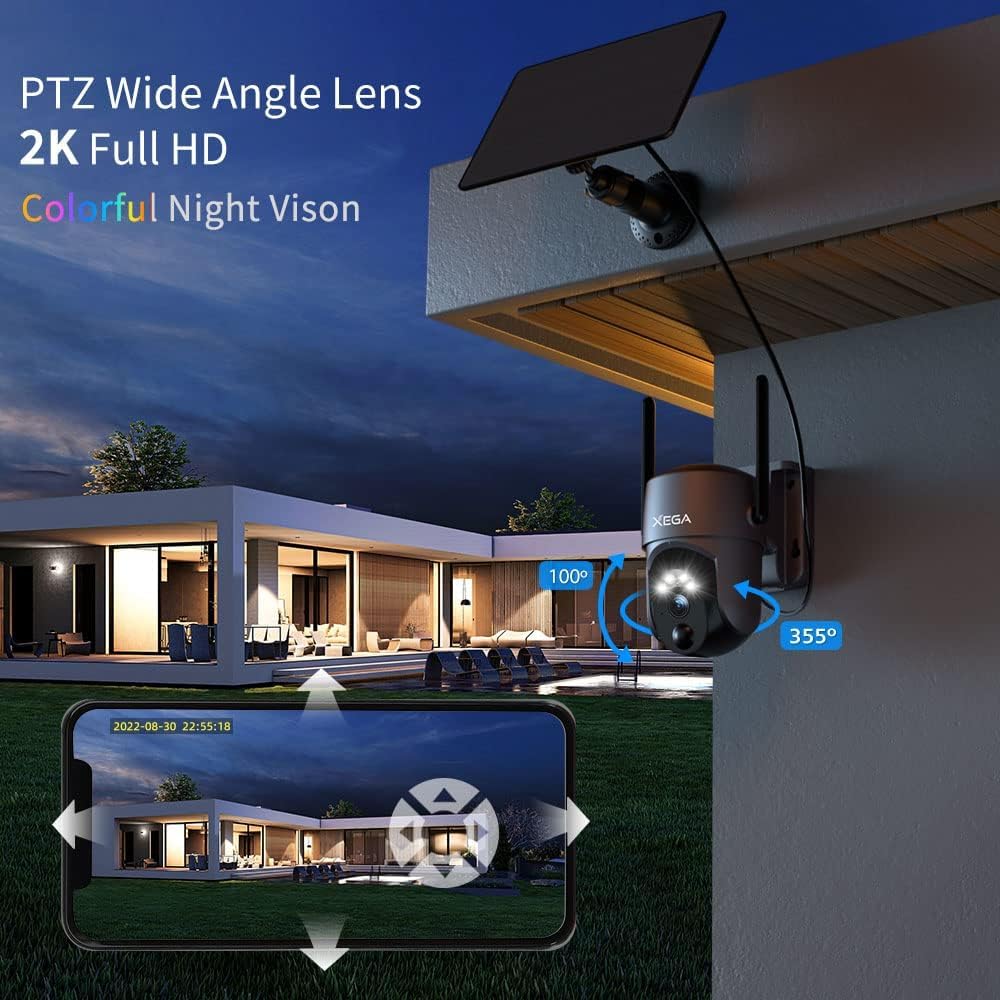 Xega 2 Pack Security Camera Wireless Outdoor 2K 360 Ptz Camera Solar Security Cameras 2.4G Wifi Video Surveillance W/Spotlight &