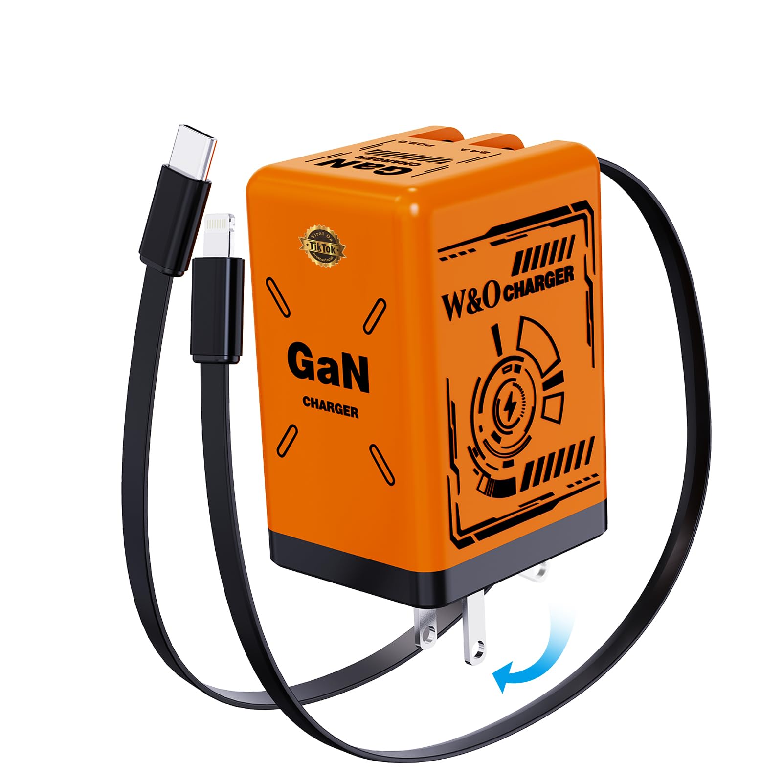 W&O 45W Gan Charger Fast Charging,Retractable Phone Charger Wall Plug With Lightening And Type-C Cables,For Iphone16/15/14/13/12