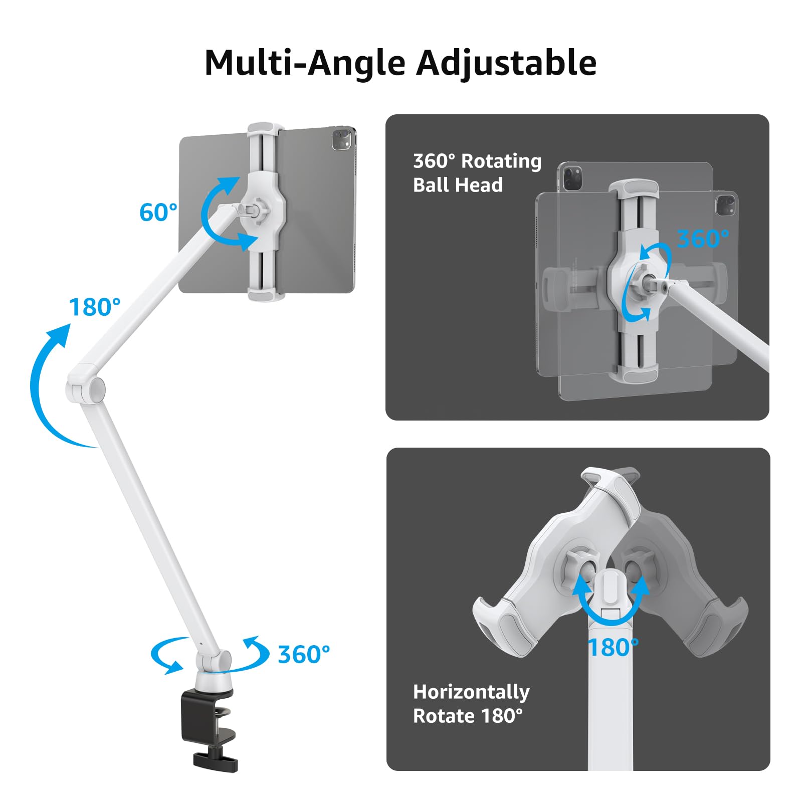 Bewiser Tablet Stand Holder Desk Mount,360Rotating Flexibly, Angle Adjustable Long Arm, Folding Aluminium Alloy Compatible With4