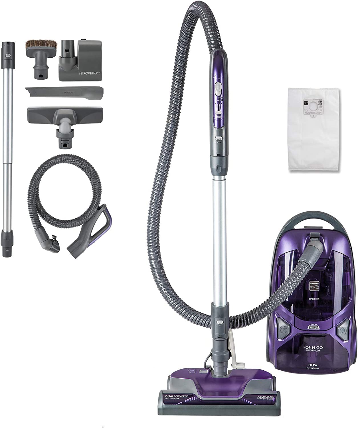 Kenmore 600 Series Friendly Lightweight Bagged Canister Vacuum With Pet Powermate, Pop N Go Brush, 2 Motors, Hepa Filter, Alumin