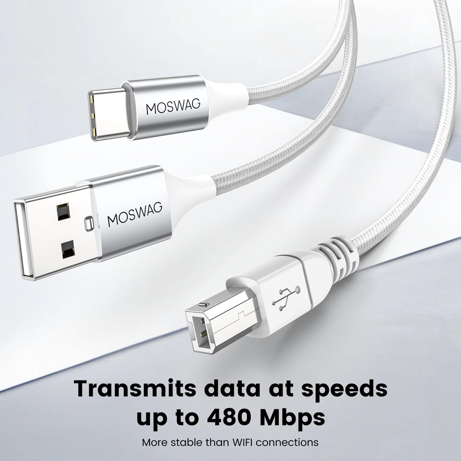 Moswag 2In1 Usb C To Usb B Printer Cable 5Ft/1.5M With Usb Printer Cable Usb A Male To B Male Cable Compatible With Macbook Pro,Hp,Canon,Brother,Samsung Printers