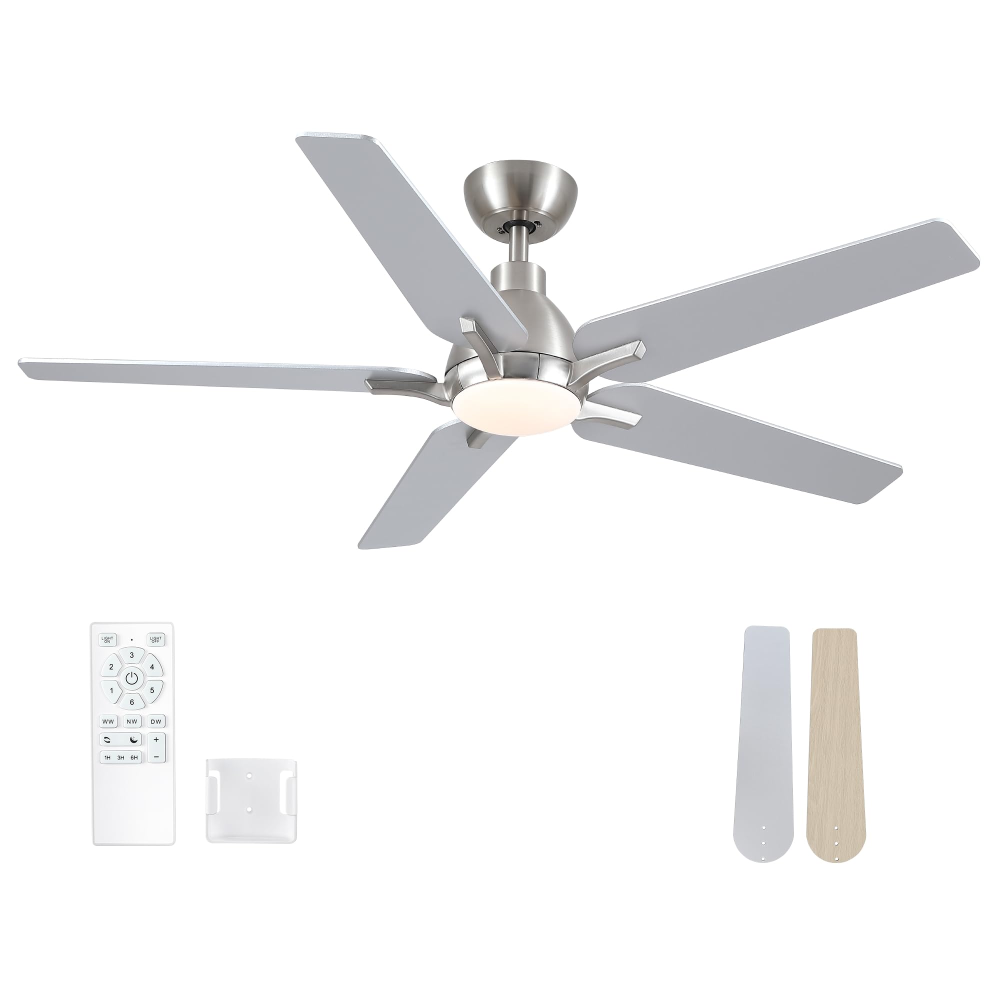 Putroad 52 Inch Ceiling Fans With Lights And Remote, Brushed Nickel Modern Ceiling Fan For Bedroom, Living Room, Dining Room, Pa