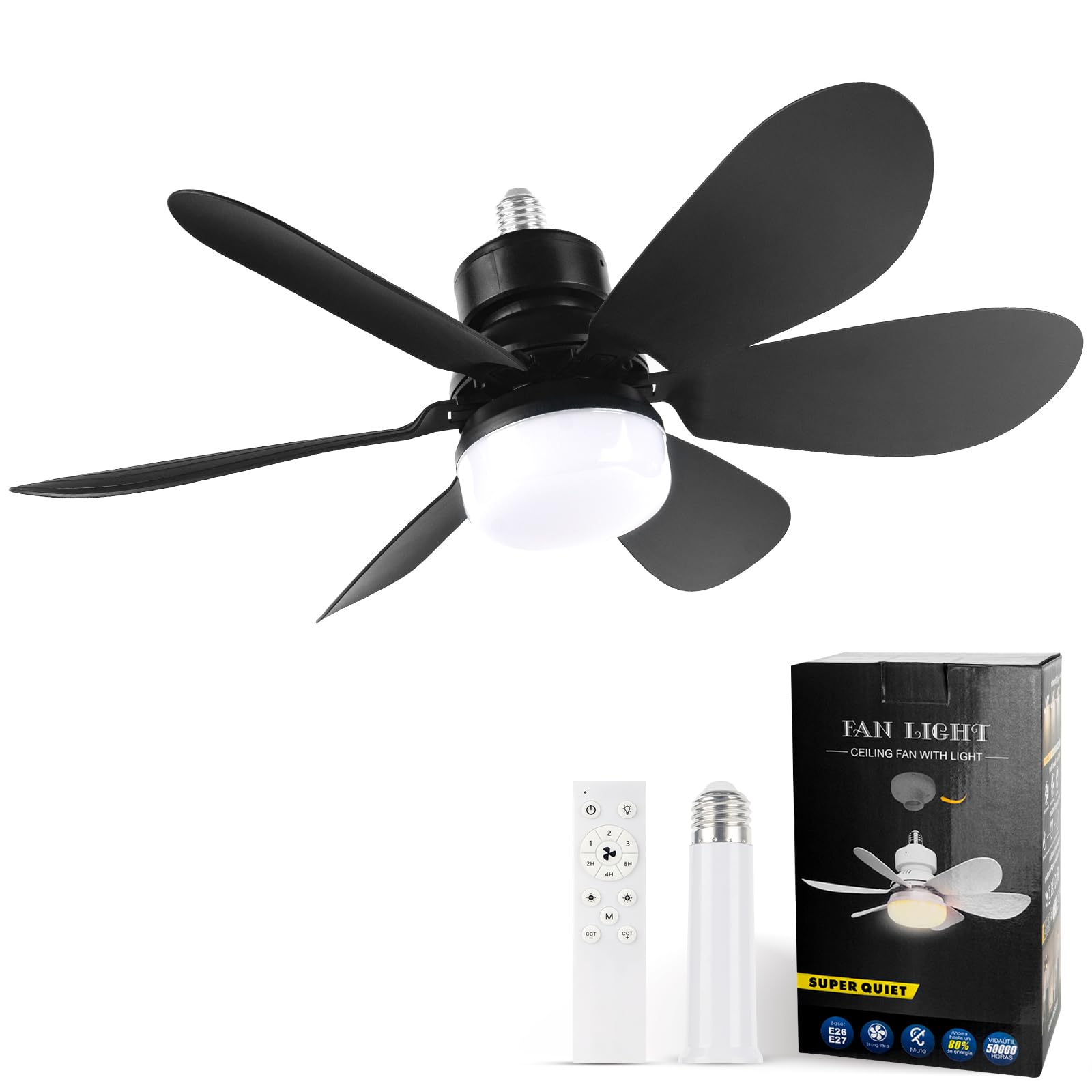 We Charger Socket Fan Light, Light Bulbfan with Remote Dimmable, 20.5IN for Garage Kitchen Balcony Living Tools Store Laundry Ro