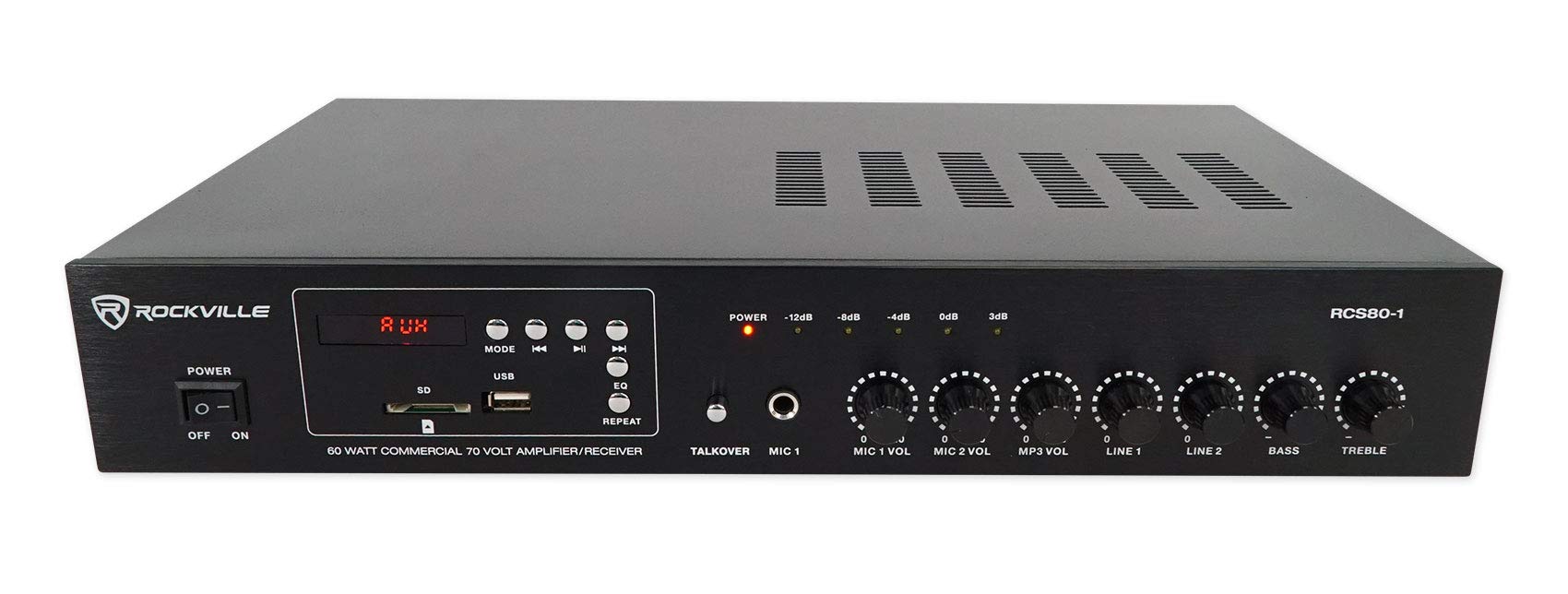 Rockville Rcs80-1 60 Watt 70V Commercial Amplifier, Bluetooth, 2 Mic Inputs Perfect For Restaurants, Bars, Caf  S, Schools, Conf