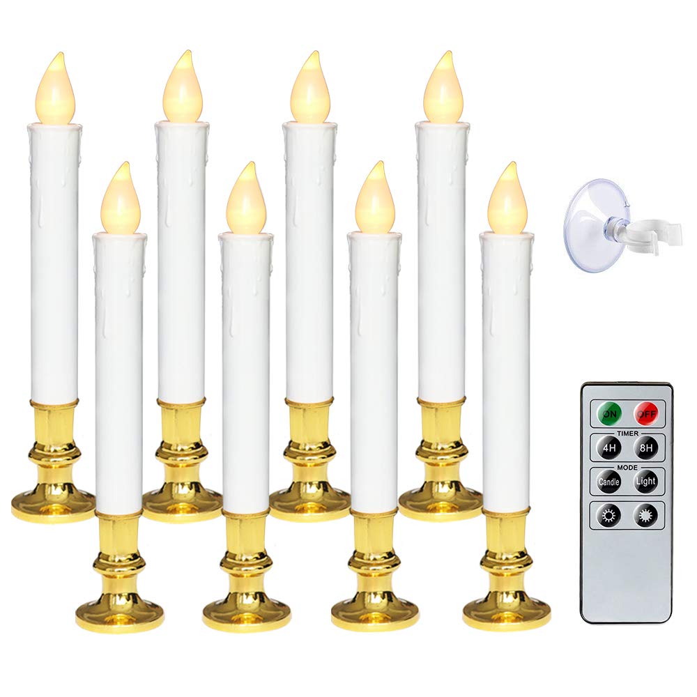Wondise White Flameless Flickering Taper Candles - Battery Operated With Remote & Timer, Gold Holders, Suction Cups, Christmas W