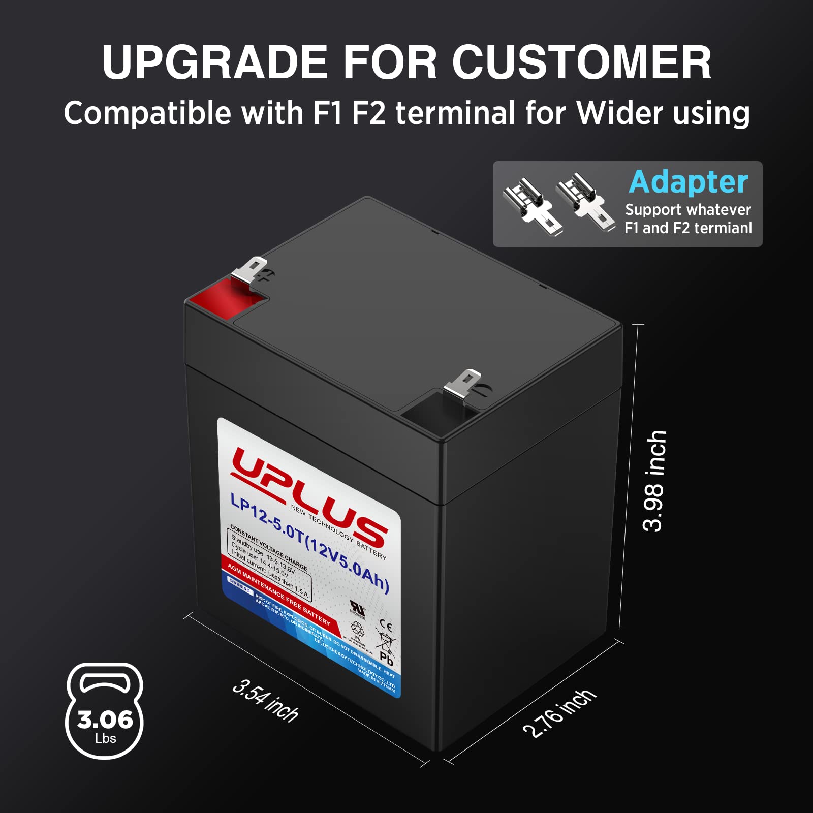 Uplus 12V 5Ah Rechargeable Sealed Lead Acid Battery - Djw12-5.0T Replaces Home Alarm Battery Compatible With F1 F2 Terminals For