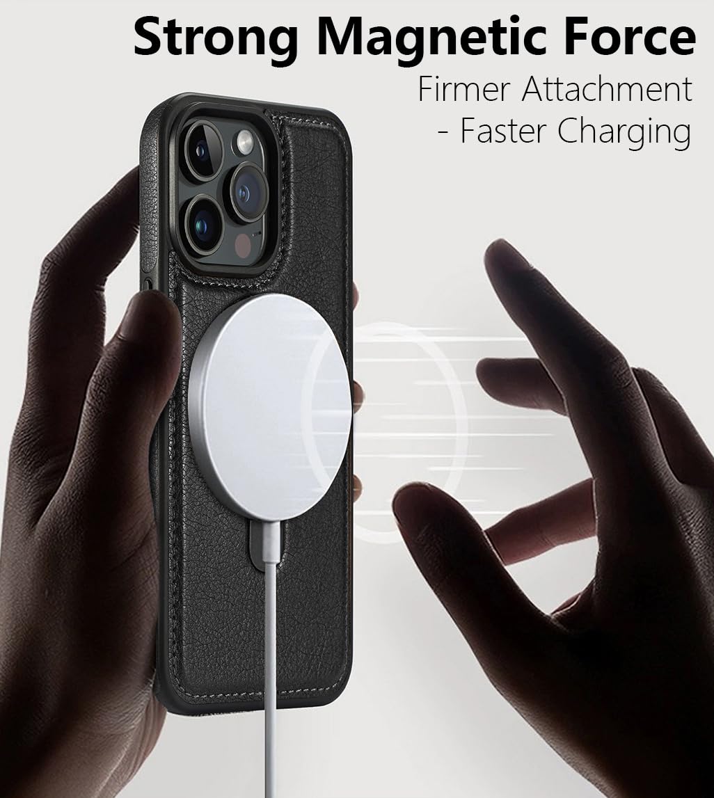 Vauserdy Magnetic For Iphone 13 Pro Leather Case,Invisible Stand [Compatible With Magsafe] Slim Kickstand Phone Cove (Black, Iph