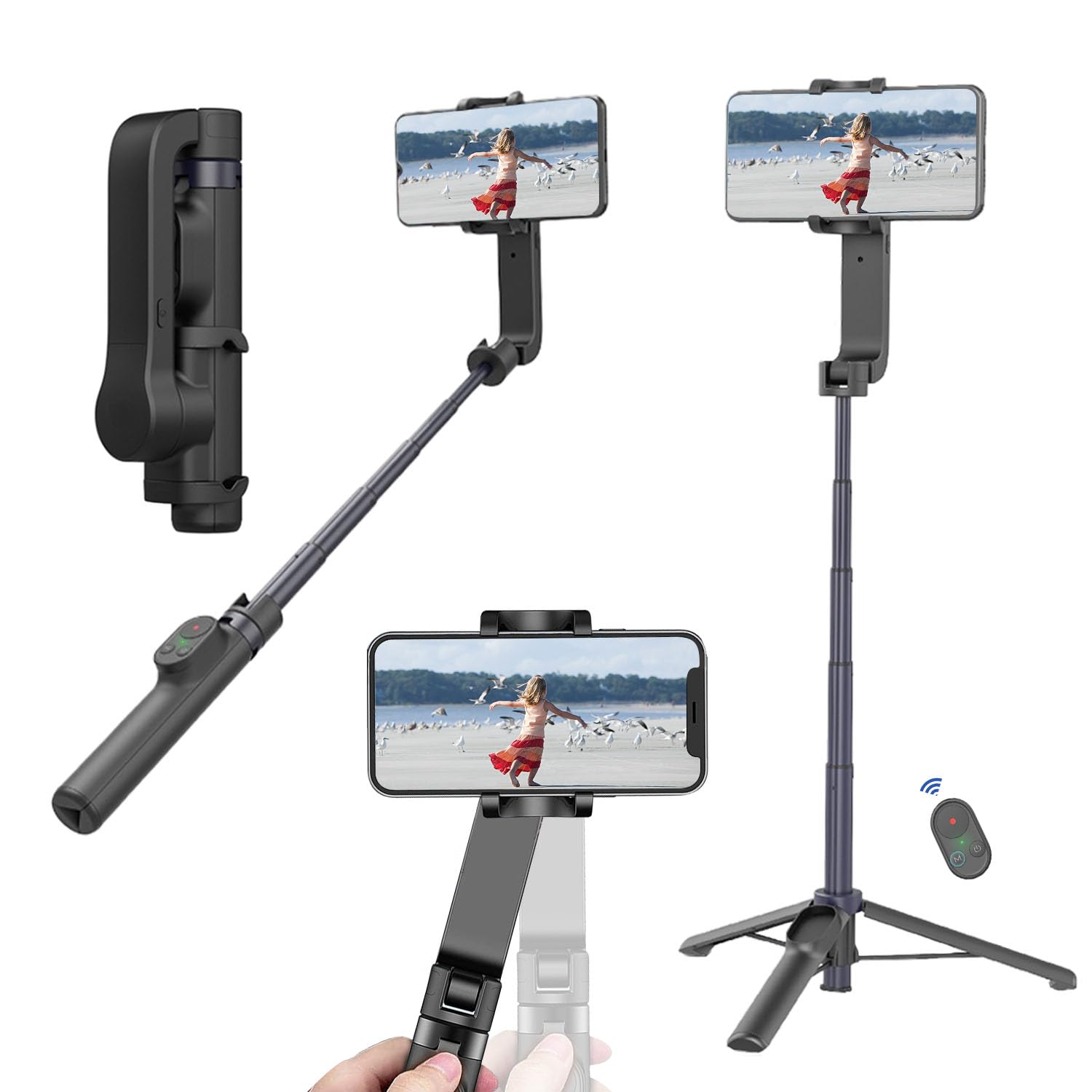 Selfie Stick Gimbal Stabilizer, Gimbled Phone Holder with Wireless Remote Tripod 1-Axis Handheld Smartphone Portable Gimbal for 