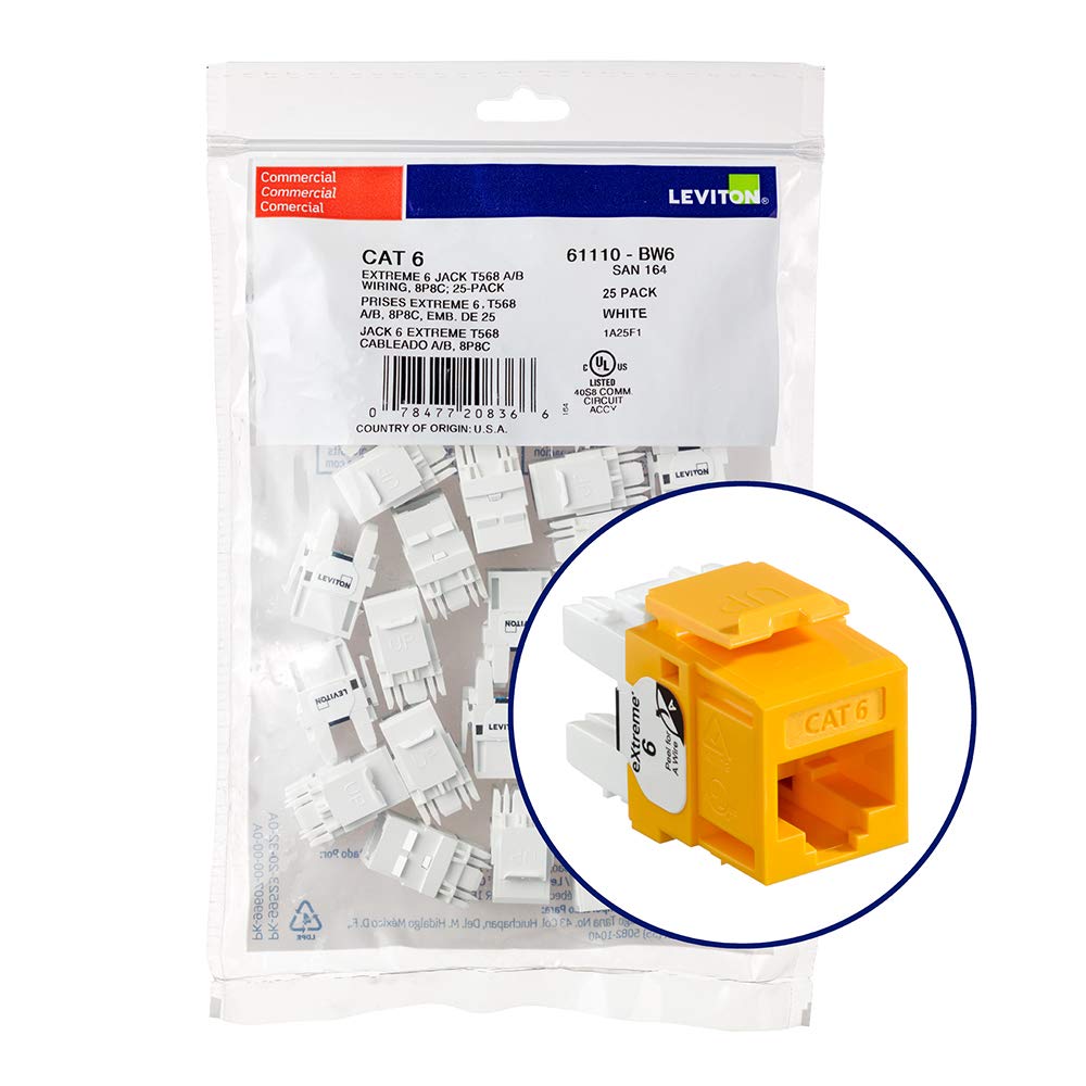Leviton 61110 BY6 Extreme 6+ QuickPort Connector, CAT 6, Yellow, 25 Pack