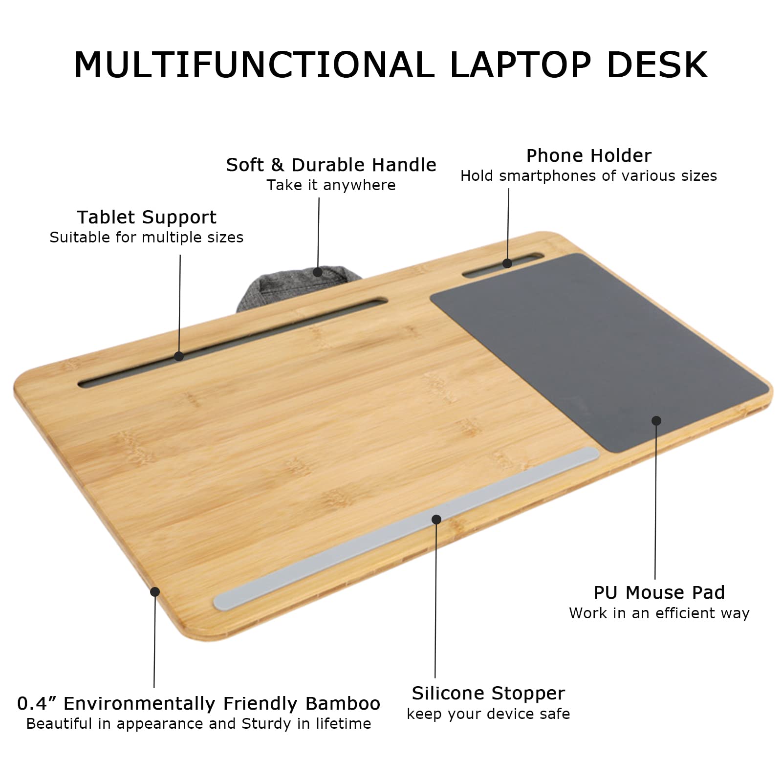 SUMISKY Laptop Lap Desk - Oversized Bamboo Stand with Cushion, Tablet Support, Mouse Pad, Fits Up to 17" - Gray, Model H0012