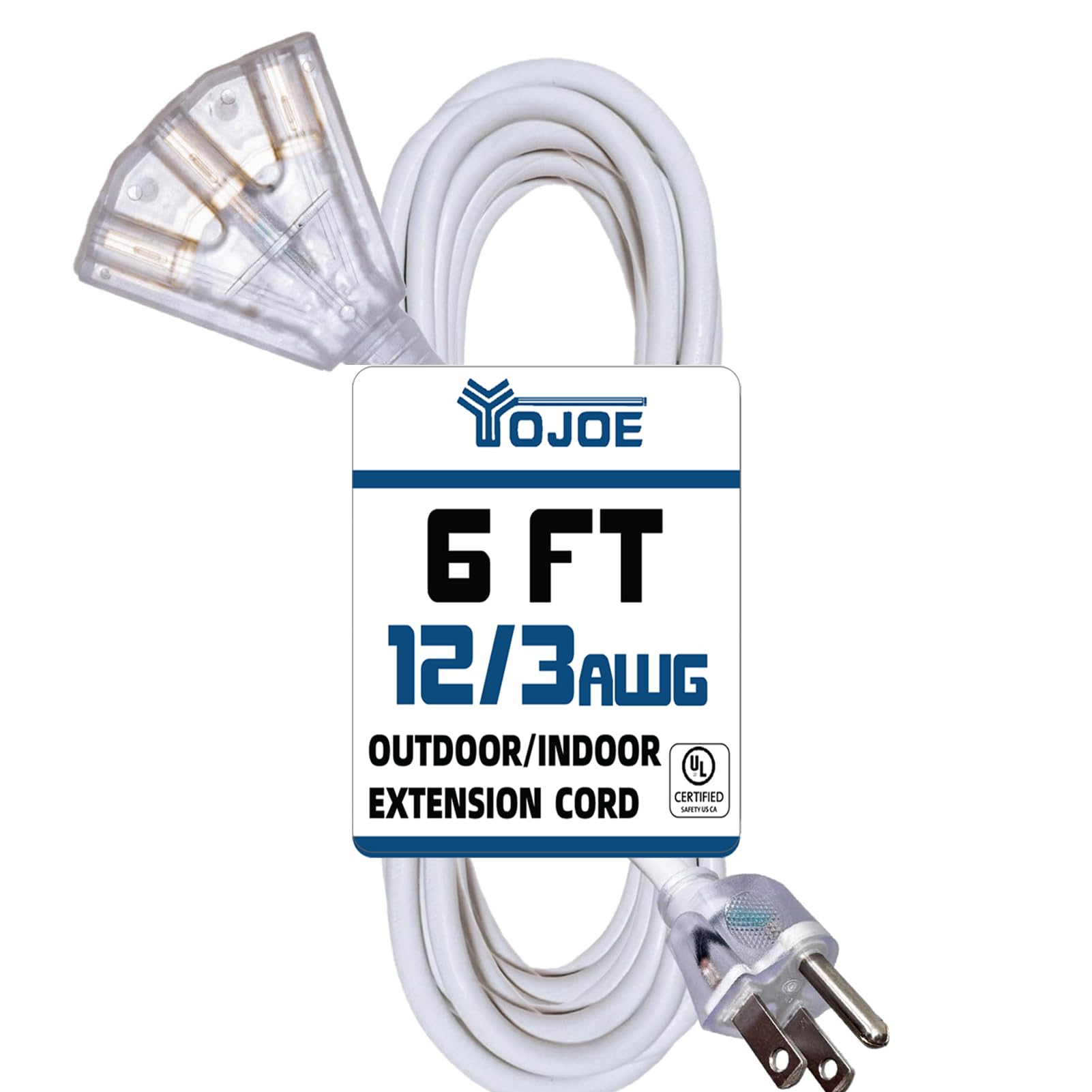 Yojoe 3 Outlets Indoor Outdoor Extension Cord With Lighted End, 3 Prong 15A Weatherproof Power Cord, 12 Gauge Heavy Duty 6 Ft Wh
