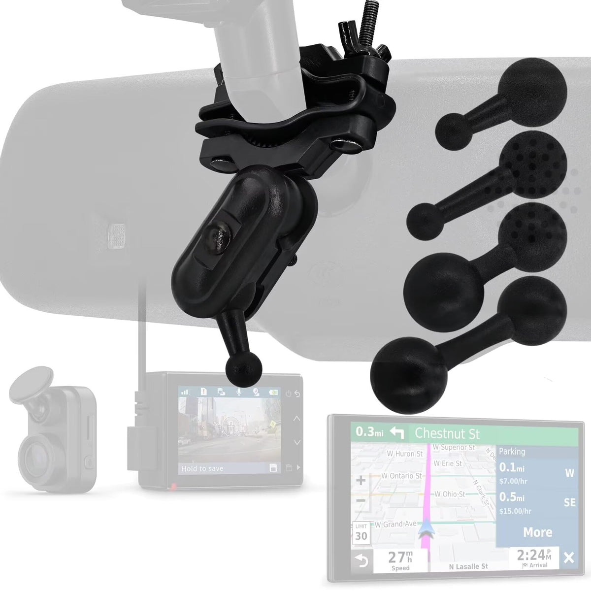 iSaddle for Garmin Dash Cam Mount Car Rearview Mirror Handle Bar Holder for Garmin Dash Cam Mini 30 35 45 46 55 56 65W 66W 67W X110 X210 X310/Speak Plus & for Garmin 17mm GPS Mount (4 Ball Head)