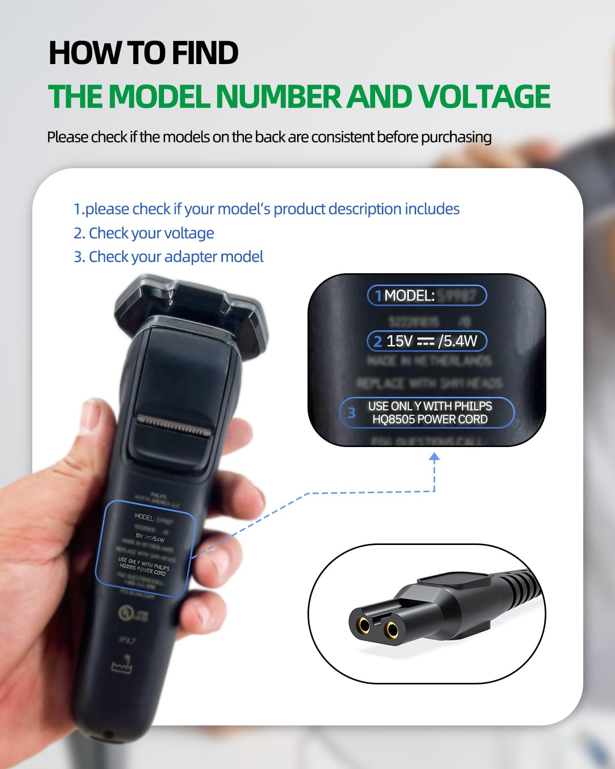 15V Charger Cord Fit For Philips Norelco Hq8505 Select Series 3000 5000 6000 7000 9000 (Older Shaver), Multigroom Mg5750 Mg7750