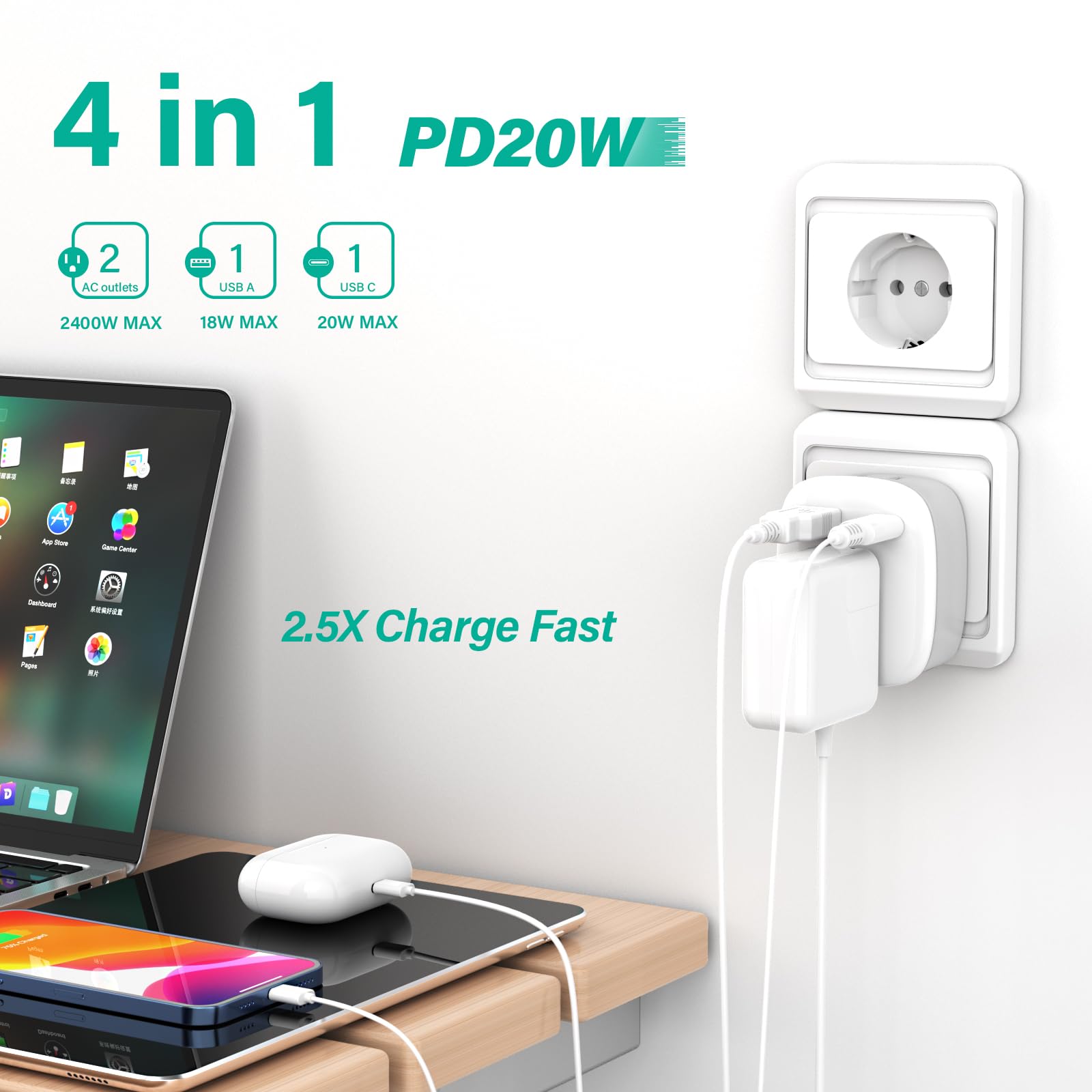 European Travel Plug Adapter, Pd 20W Usb C International Power Plug, 2 Outlets & 2 Usb Charger (1 Usb C), Aijoy Type C Outlet Ad