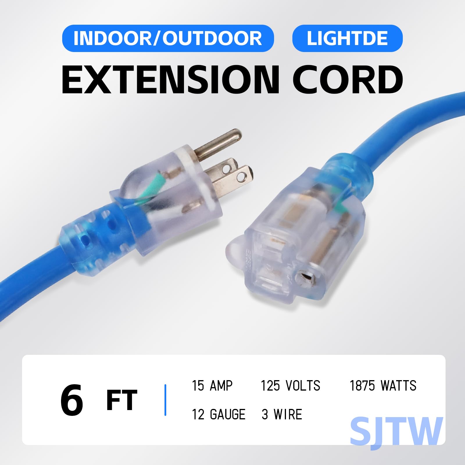 Ep 6 Ft Outdoor Extension Cord, 12/3 Sjtw Heavy Duty Waterproof Power Cable, 3 Prong Grounded Plug, Lighted End, For Lawn, Garde