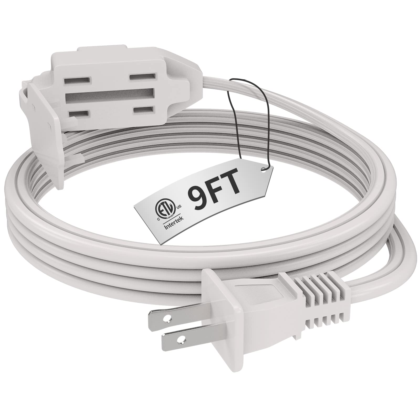 Plugtul Indoor White Extension Cord 9 Feet, 3 Outlet Household Extension Cord, 2 Prong, 16 Gauge, 3 Polarized Outlets With Safet
