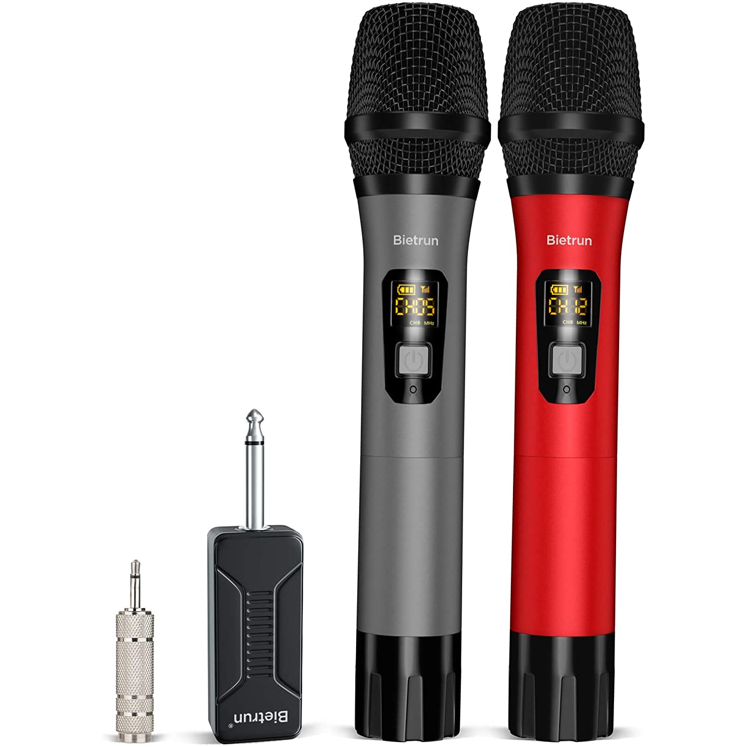 Wireless Microphone, Bietrun Uhf Metal Dual Handheld Cordless Dynamic Mic System With Rechargeable Receiver, 1/4Output, For Kara