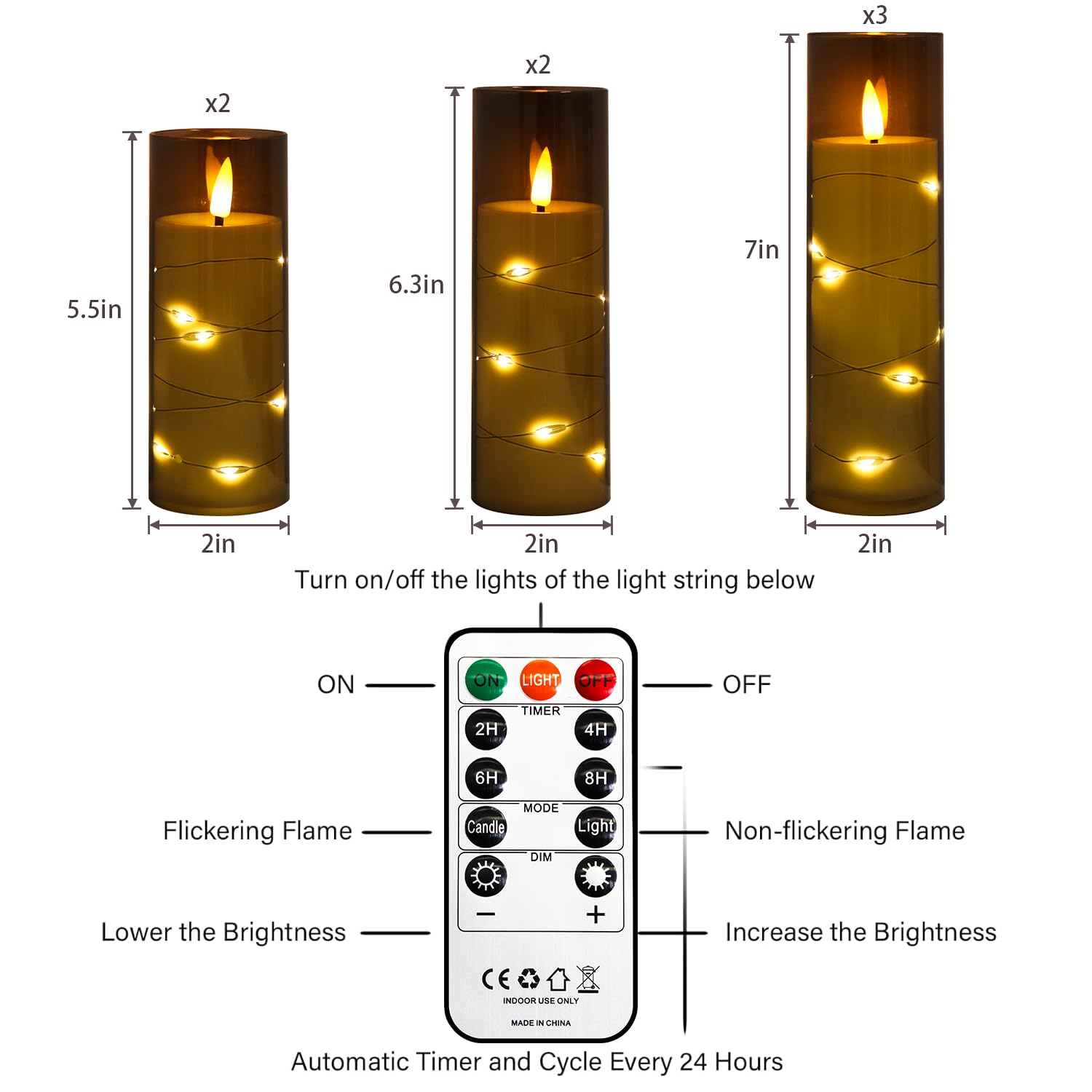 Flameless Candles Flickering Led Lights 7 Pcs Battery Operated Candles With Remote & Timer, With Embedded Star String Lights For