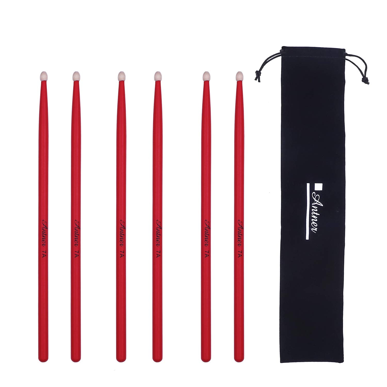 Antner 3 Pairs Drum Sticks 7A For Kids And Beginners Classic Maple Wood Drumsticks, Red