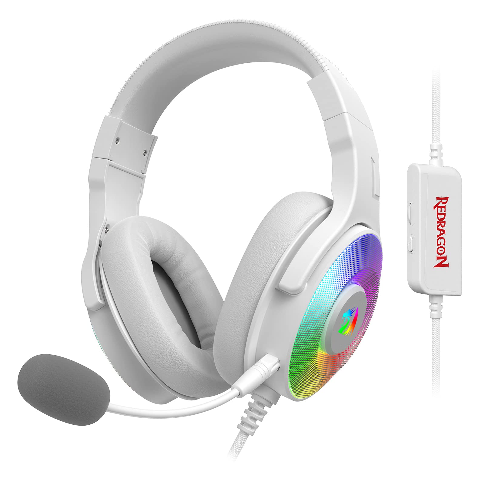 Redragon H350 White Wired Gaming Headset, Dynamic Rgb Backlight - Stereo Surround-Sound - 50Mm Drivers - Detachable Microphone, 