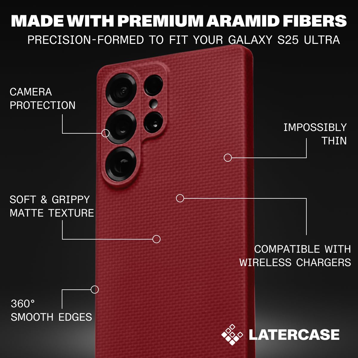 Latercase | Compatible With Galaxy S25 Ultra | Crimson | Durable Galaxy S25 Ultra Phone Case | 0.6Mm Thin Aramid Fiber, 10 Grams