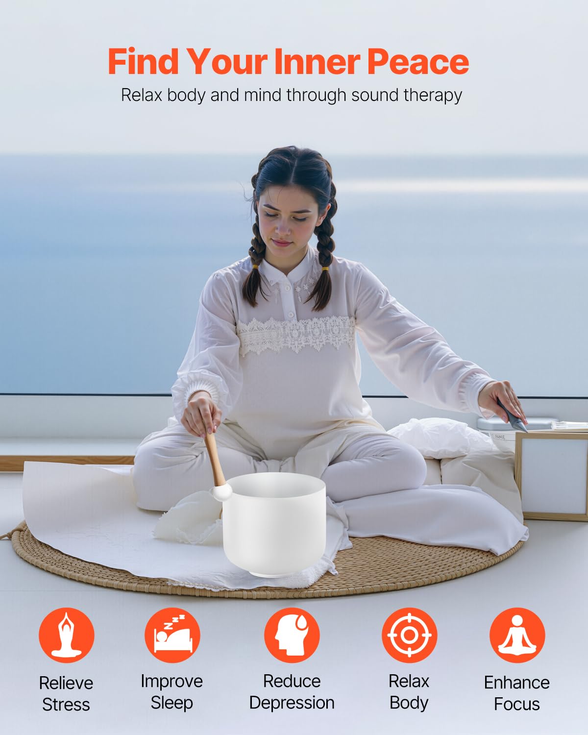 Vevor Crystal Singing Bowl, 8-Inch F Note Heart Chakra Singing Bowl, Frosted Quartz Singing Bowl With Rubber Mallet And O-Ring,