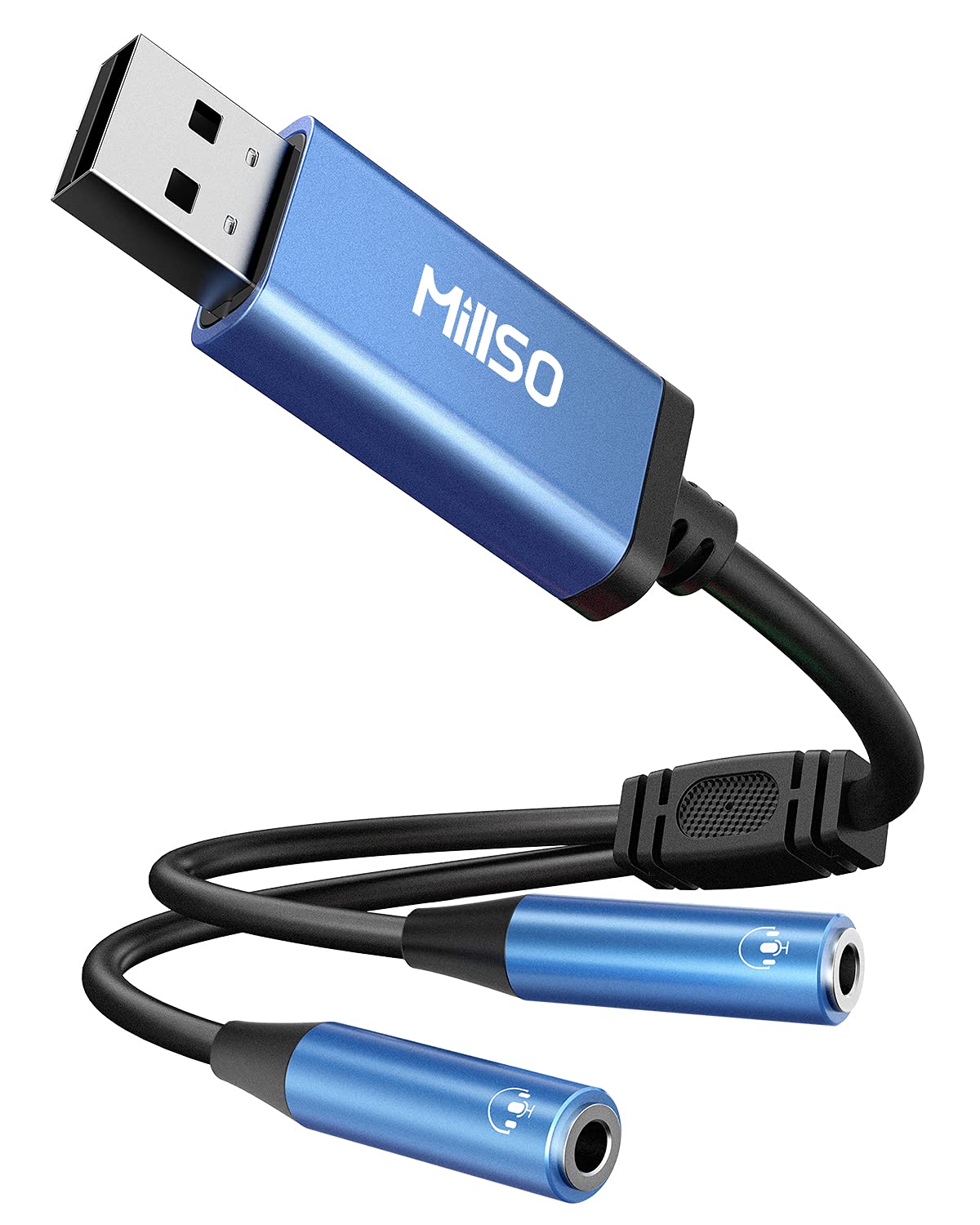 MillSO USB to Dual 3.5mm Audio Jack Adapter, Sapphire Blue TRRS External Stereo Sound Card Headphone Stereo Jack Splitter for tw