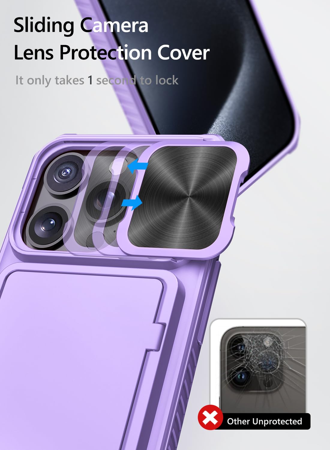 Vihibii For Iphone 15 Pro Case With Card Holder (4 Cards) & Slide Camera Cover & Kickstand, Shockproof Rugged Durable Hard Back