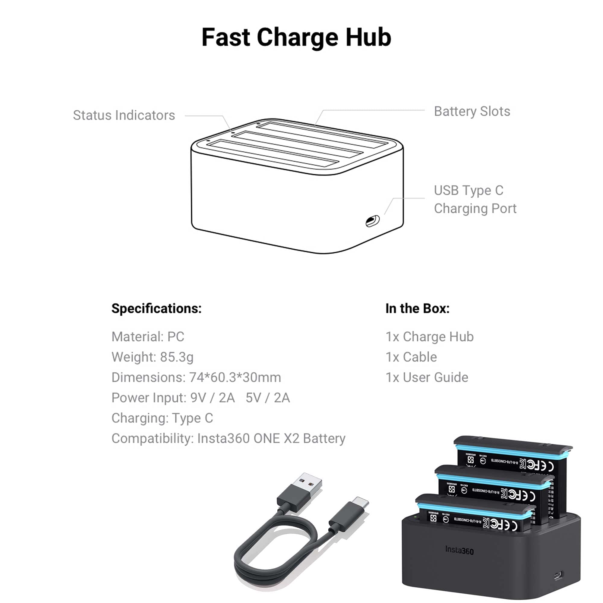 Insta360 One X2 Battery & Fast Charge Hub Bundle   Includes Fast Charge Hub + 2 Batteries (1630Mah) For Insta360 One X2 360 Came