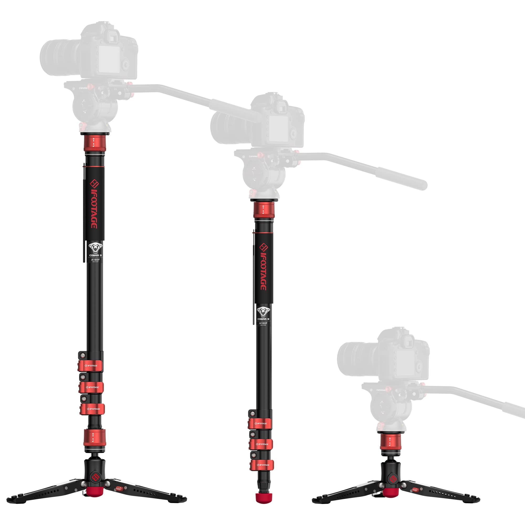 Ifootage 71'' Aluminum Monopod, Cobra 3 A180F, Telescopic Video Monopod With Feet, Professional Monopod For Dslr Cameras, Portab