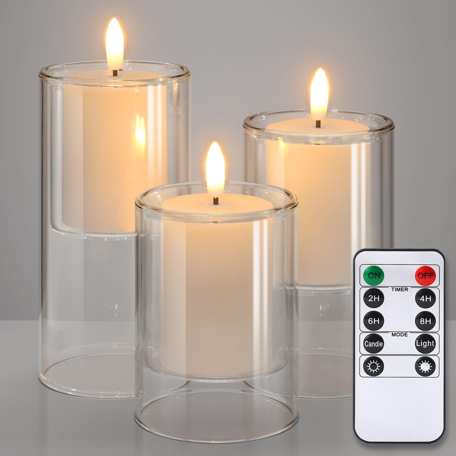 Nurada Flameless Candles With Remote Timer   Glass Real Wax 3D Wick Led Pillar Votive Candle Set Battery Operated Flickering Lig