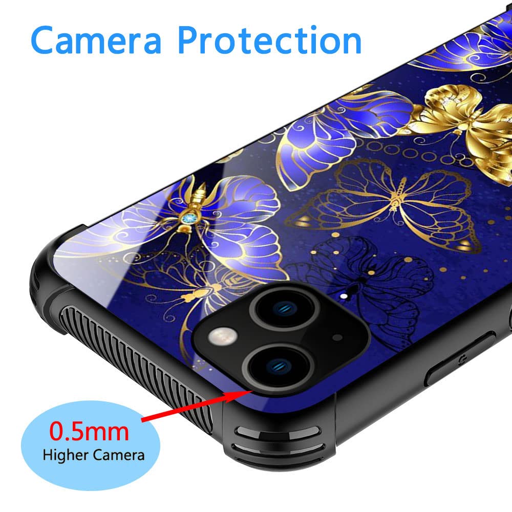 ZHEGAILIAN iPhone 13 Case Blue Gold Butterfly Pattern Anti-Scratch Organic Glass TPU 6.1-inch