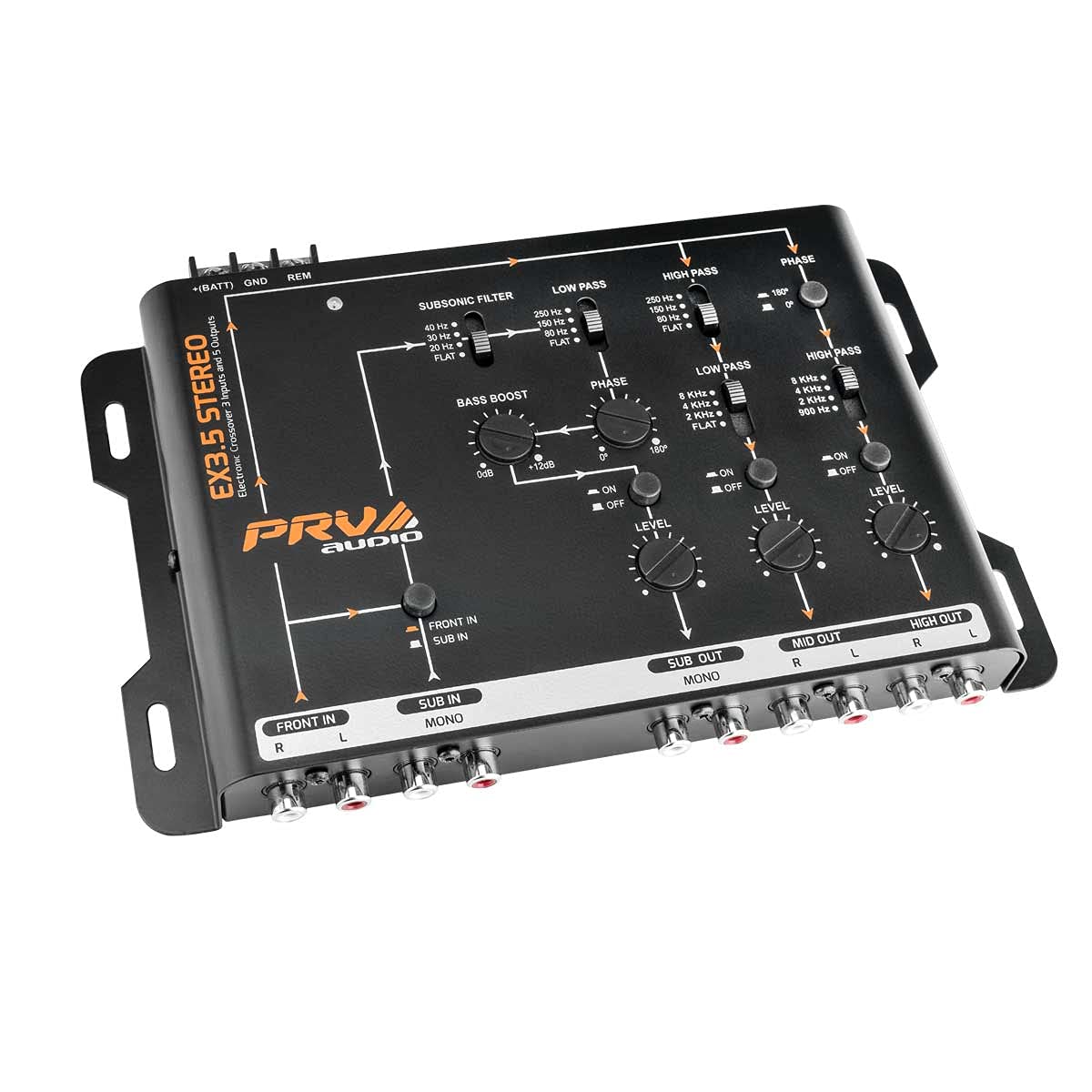 PRV AUDIO Crossover Car Audio EX3.5 STEREO 3 Way or 2 Way Electronic Crossover 9 Volts, 4 in 6 Out RCA Channels Car Sound Proces
