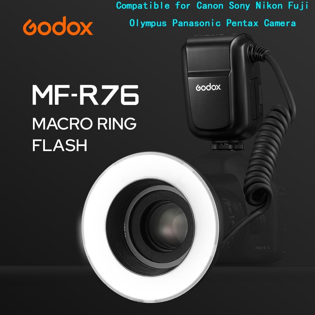 Godox Mf-R76 Led Micro Ring Flash With 2600Mah Li-Ion Battery And Lcd Display Adapter Rings For Canon Sony Nikon Fuji Olympus Pa