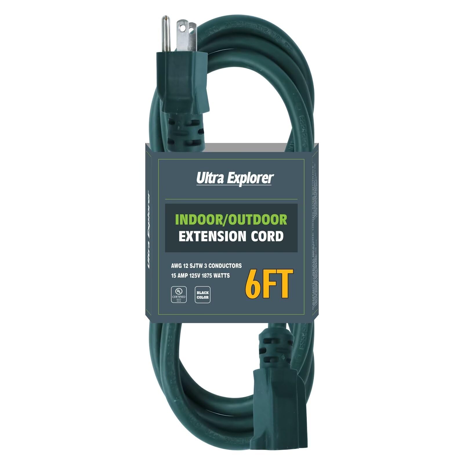 Ultra Explorer Green Indoor Extension Cord 6 Ft, 12/3 Sjtw Heavy Duty Green Extension Cable With 3 Prong Grounded Plug   Power C