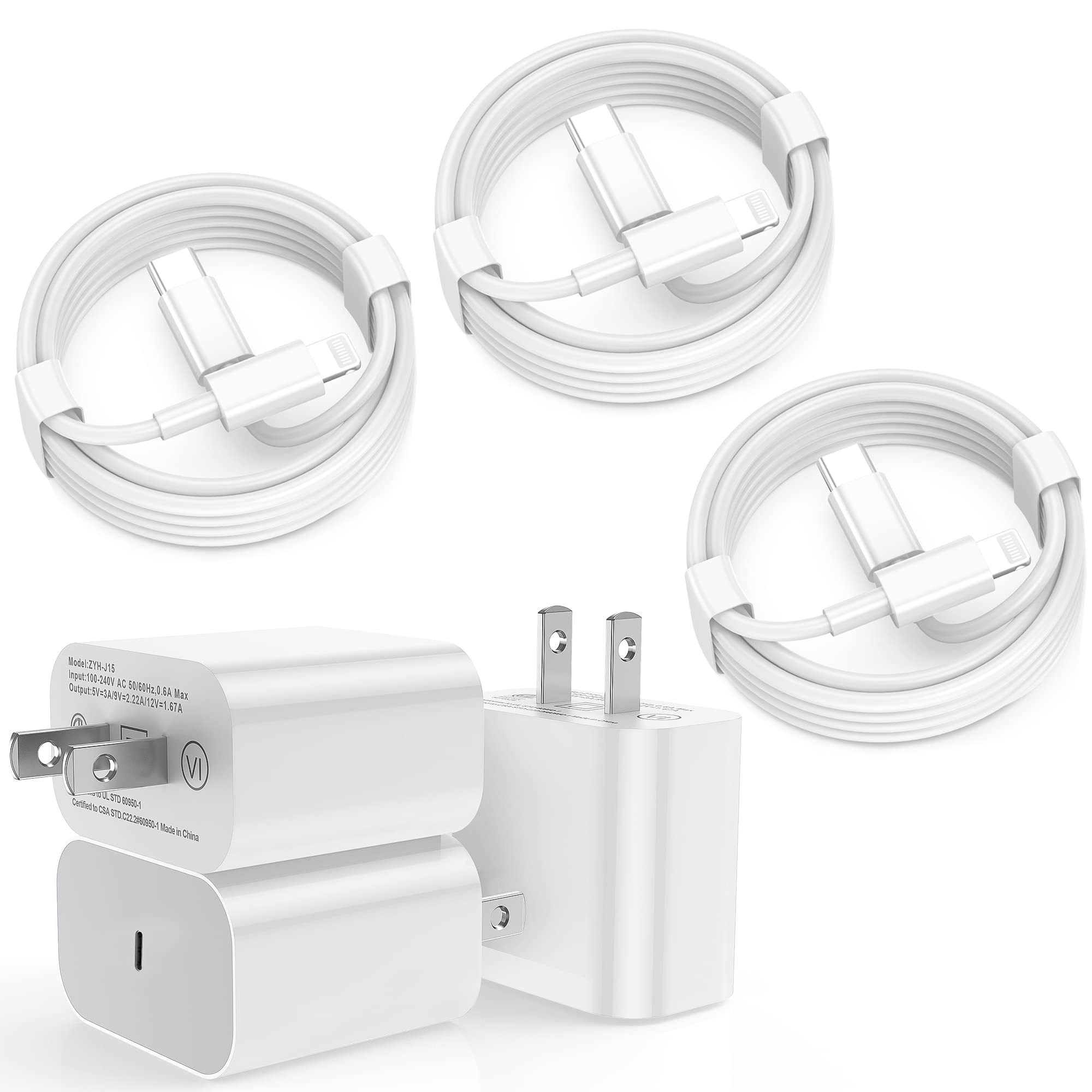 Iphone Fast Charger 6 Pack [Apple Mfi Certified] 3 Pcs Apple Type C Wall Charger Block With 3 Pcs 6Ft Long Usb C To Lightning Cable Cord For Iphone 14 13 12 11 Pro Max/Se 2022/Ipad