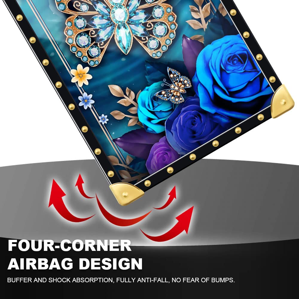 Pinsheng Phone Case Compatible with iPhone 14 Pro Max Square Shockproof Blue Rose Butterfly TPU Metal Decoration