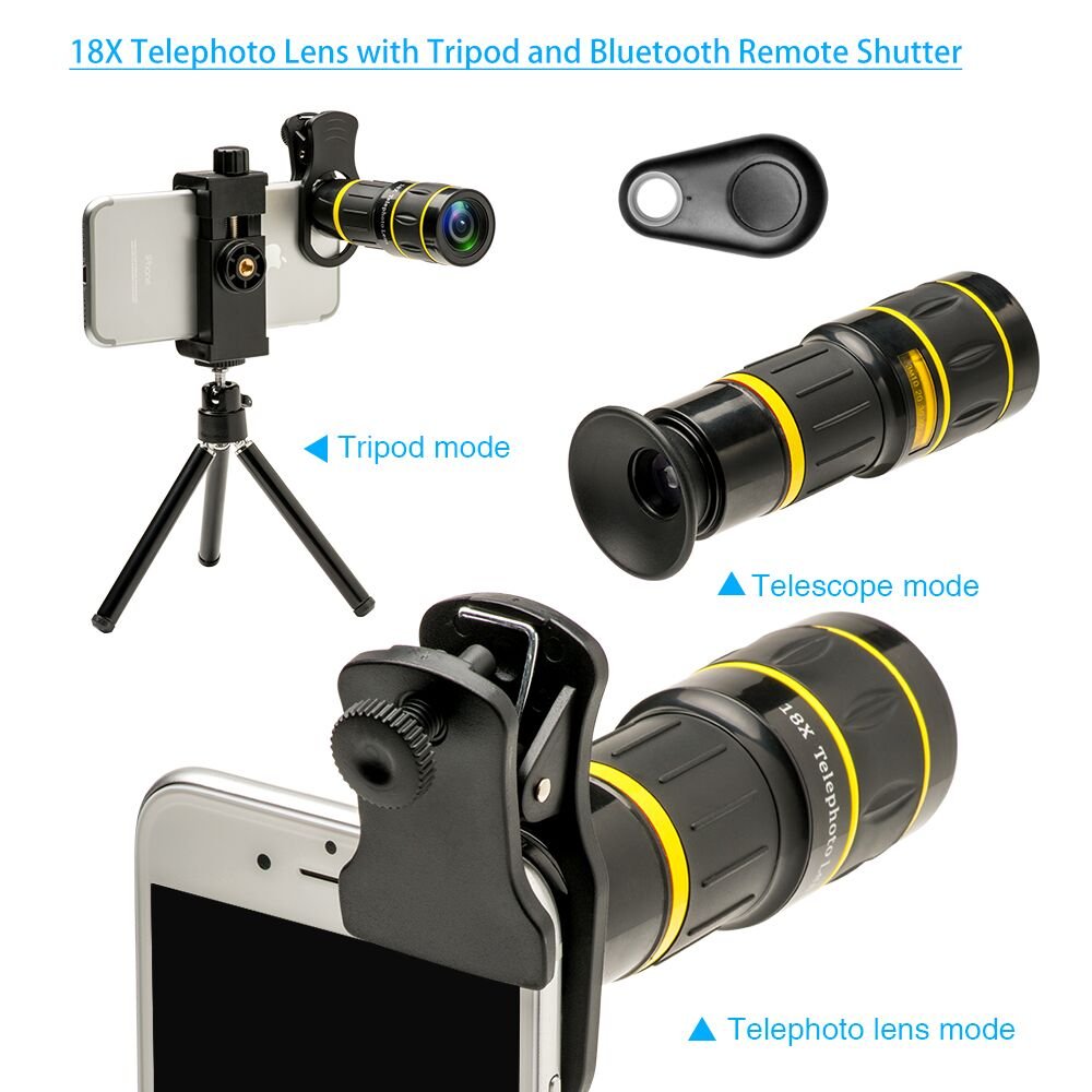 Godefa Cell Phone Camera Lens With Tripod+ Shutter Remote,6 In 1 18X Telephoto Zoom Lens/Wide Angle/Macro/Fisheye/Kaleidoscope/C