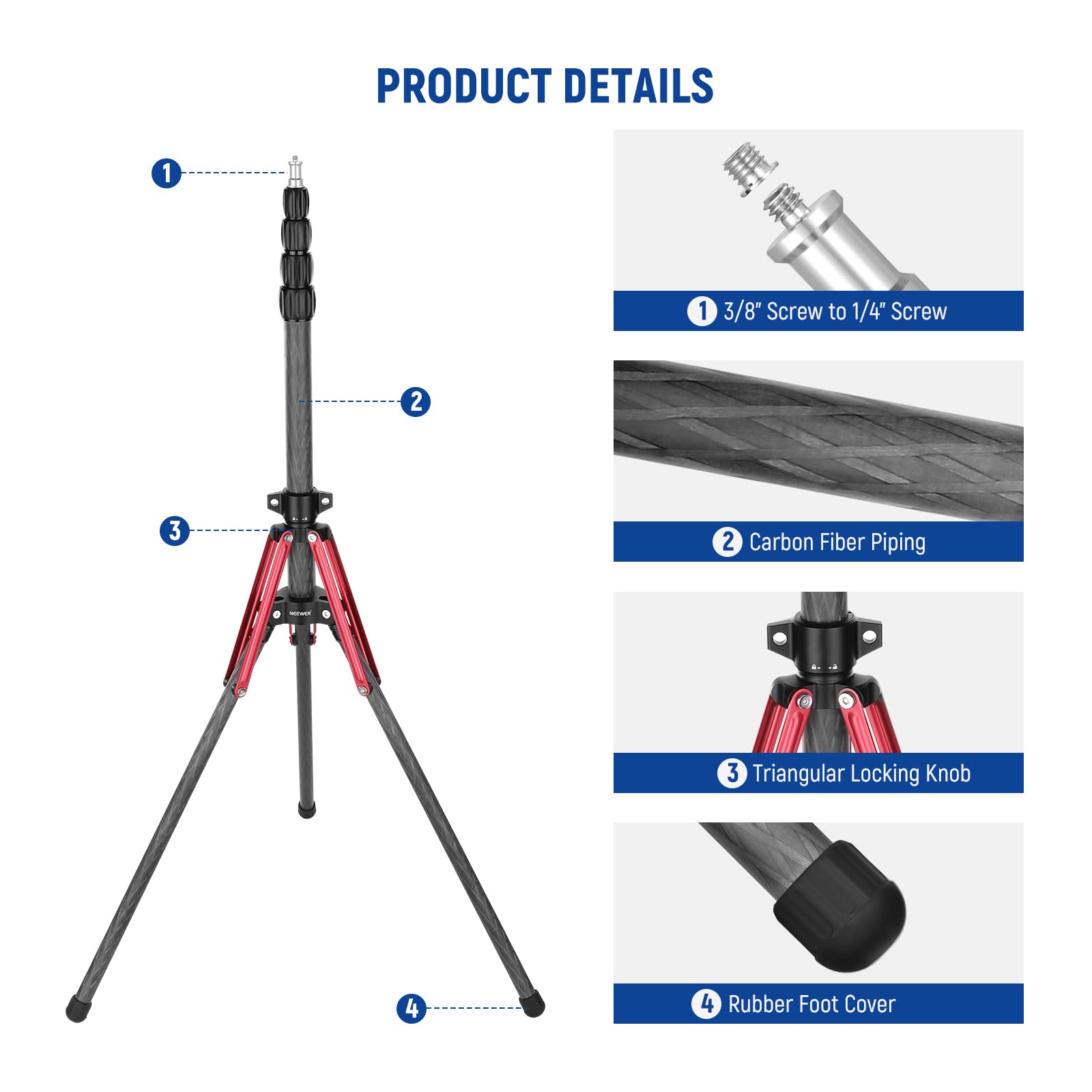 Neewer Light Stand Carbon Fiber With 180 Reversible Legs, 1/4'' To 3/8'' Screw Adapter And Bag, 86.5''/220Cm Portable Travel Tri