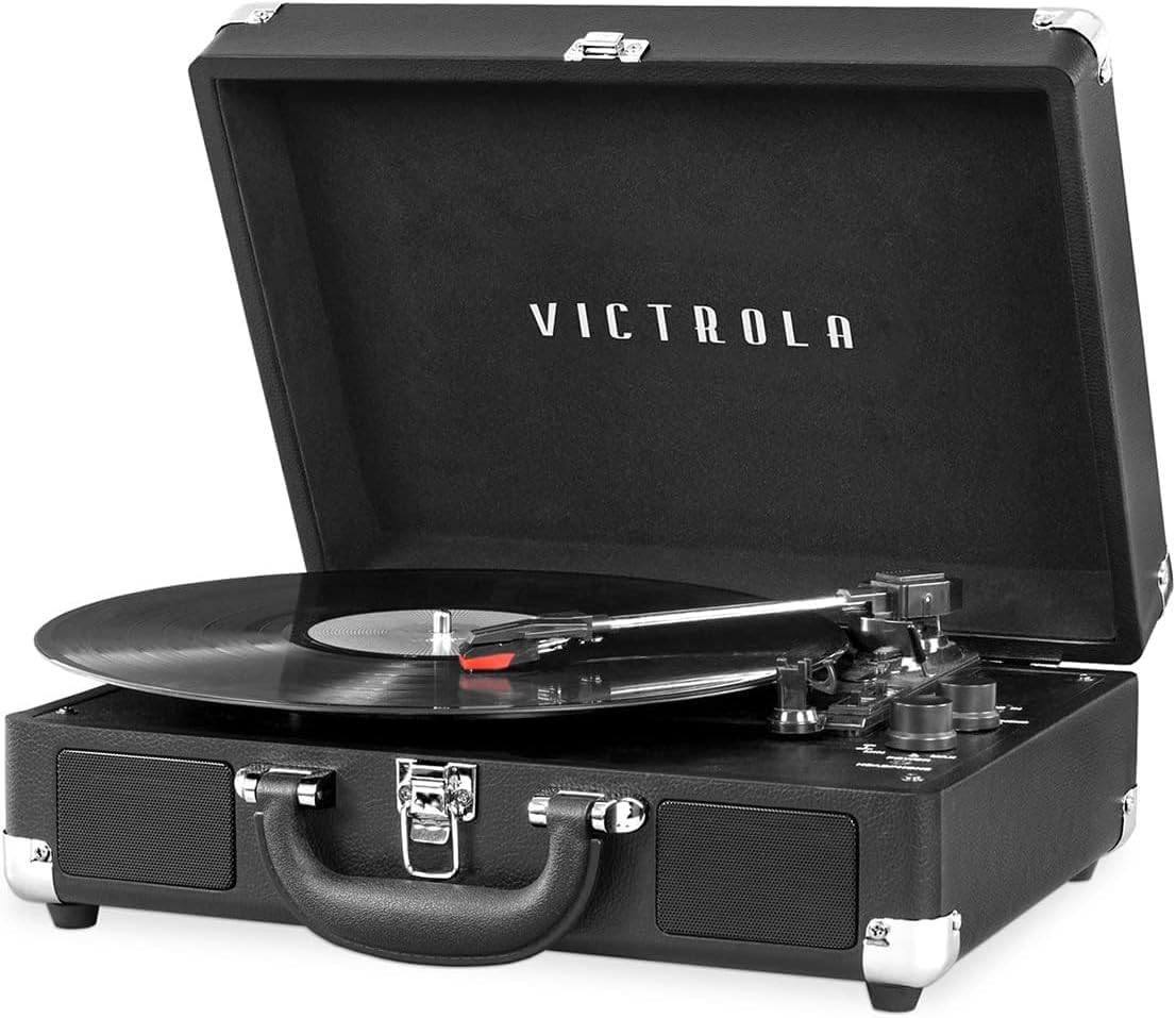 Victrola Vintage 3 Speed Bluetooth Portable Suitcase Record Player With Built In Speakers | Upgraded Turntable Audio Sound | Bla