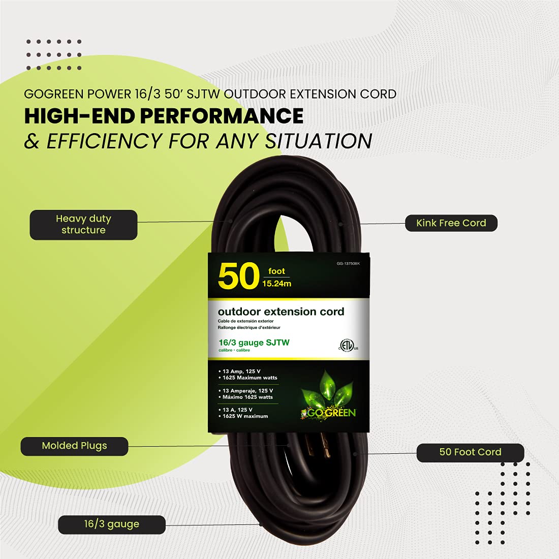 Go Green Power Inc. 16/3 50Ft Black Outdoor Extension Cord   Durable, Heavy Duty, Moisture Resistant   Ideal For Tools & Equipment   Gg 13750Bk