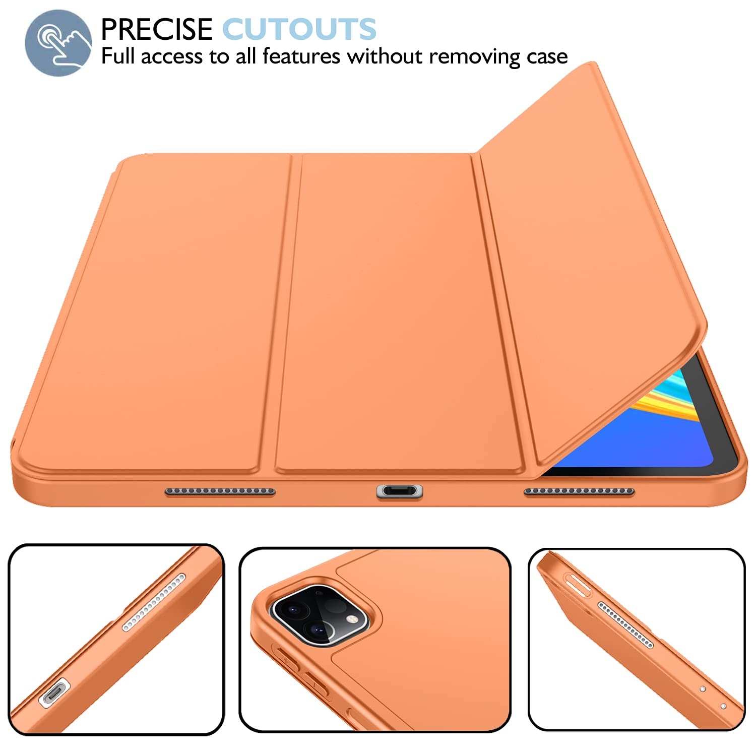 Imieet New Ipad Pro 11 Inch Case 2022(4Th Gen)/ 2021(3Rd Gen) With Pencil Holder [Support Ipad 2Nd Pencil Charging/Pair],Trifold Stand Smart Case With Soft Tpu Back,Auto Wake/Sleep(Orange)