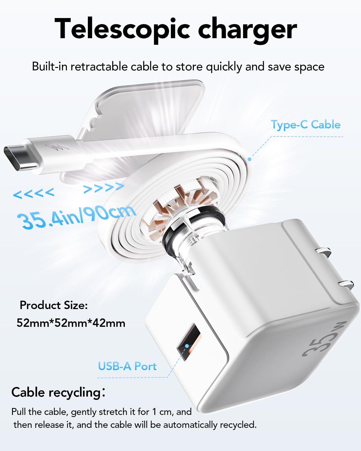 Retractable Wall Charger,35W Pd Fast Usb C Charger Block With Retractable Type C Cable,Portable Charger Fast Charging Adapter Wi