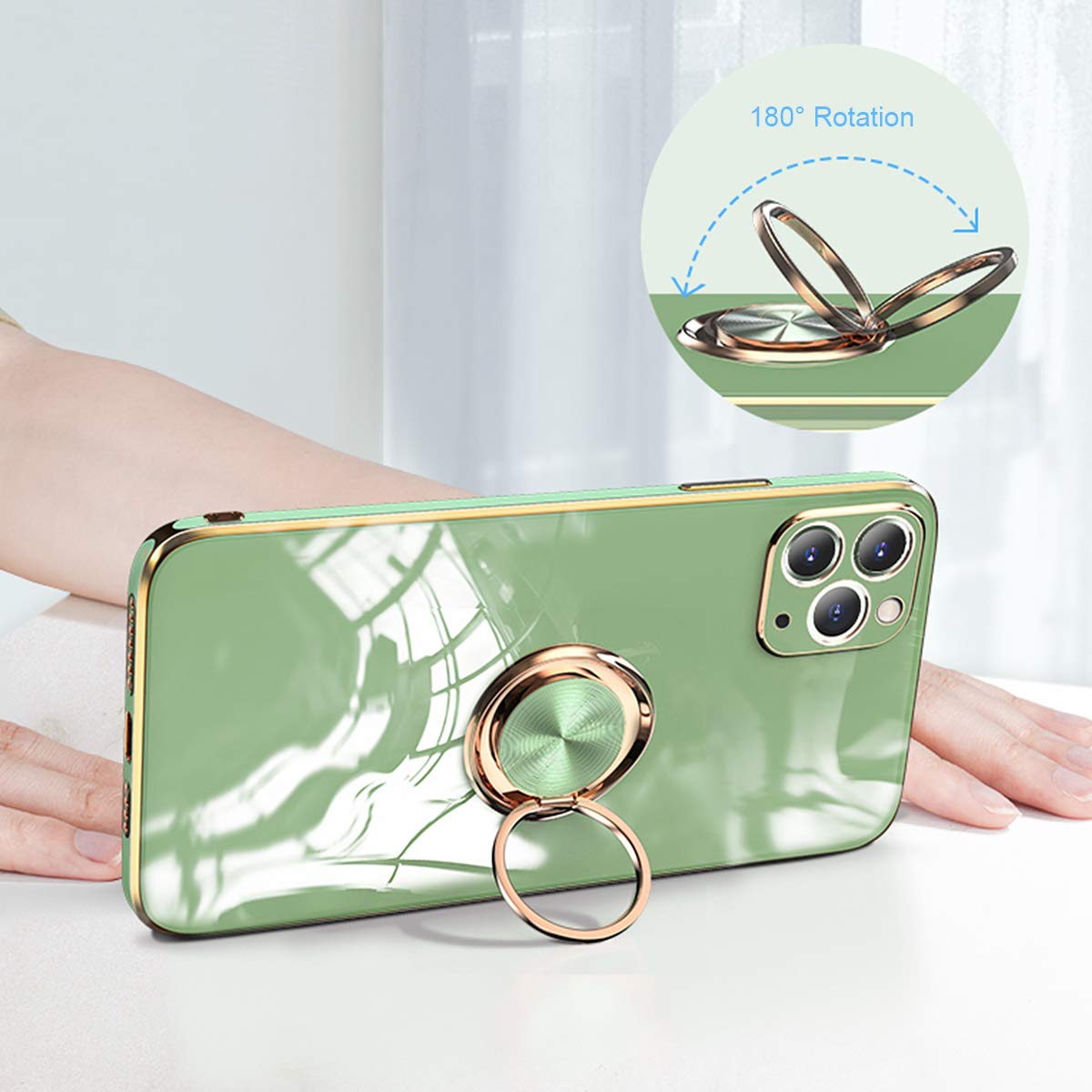 Aowner Compatible With Iphone 12 Case & Iphone 12 Pro Ring Holder Case Shiny Plating Rose Gold Edge 360 Degree Rotation Kickstan