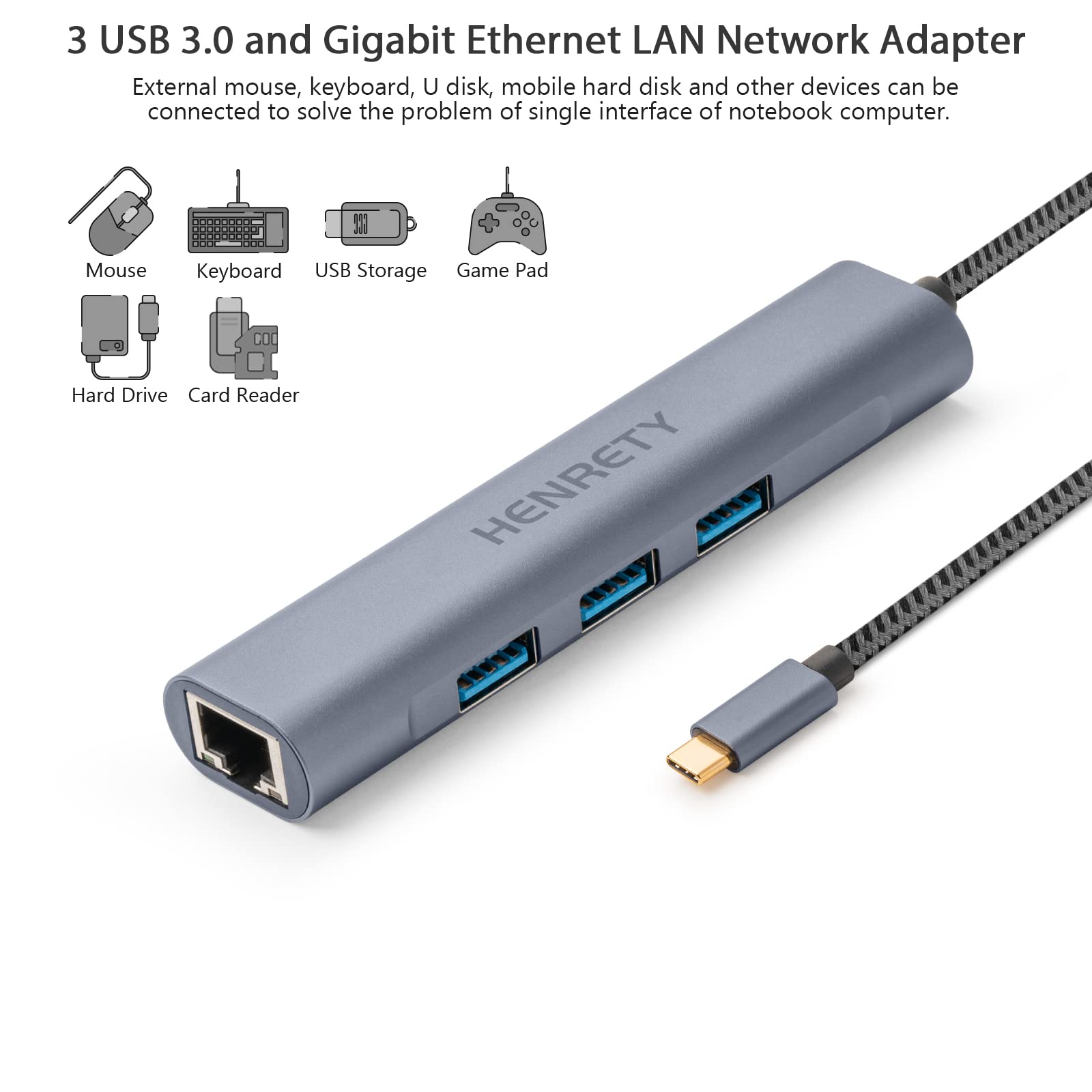 Usb C To Ethernet Adapter, 4 In 1 Usb C Hub With 3 Usb 3.0 And Rj45 To Gigabit Ethernet Lan Network Adapter For Macbook Pro/Air
