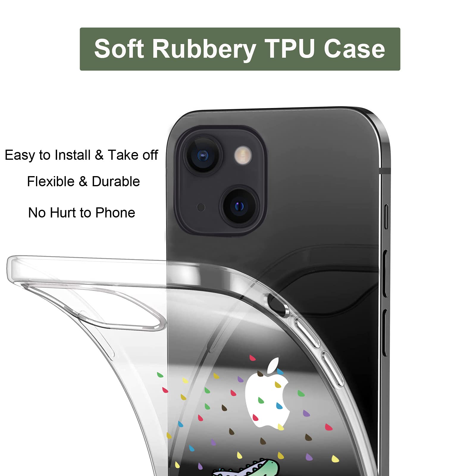 Unov iPhone 13 Clear Phone Case Embossed Rainbow Dinosaur TPU Slim Protective 6.1 Inch