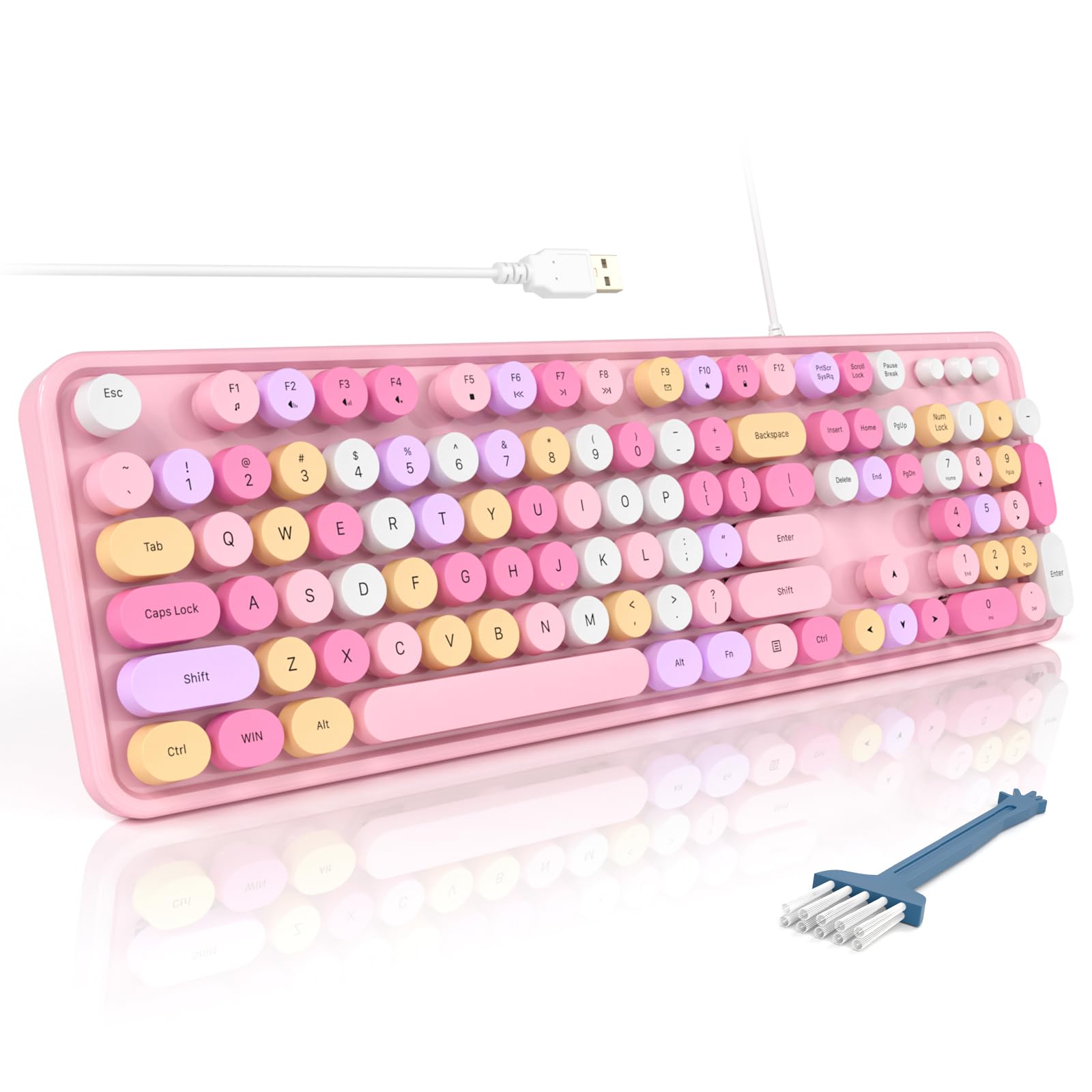 Mofii Keyboard Wired, Full Size Usb Keyboard Plug Play, Colorful Retro Round Typewriter Keyboard With Foldable Stands For Window