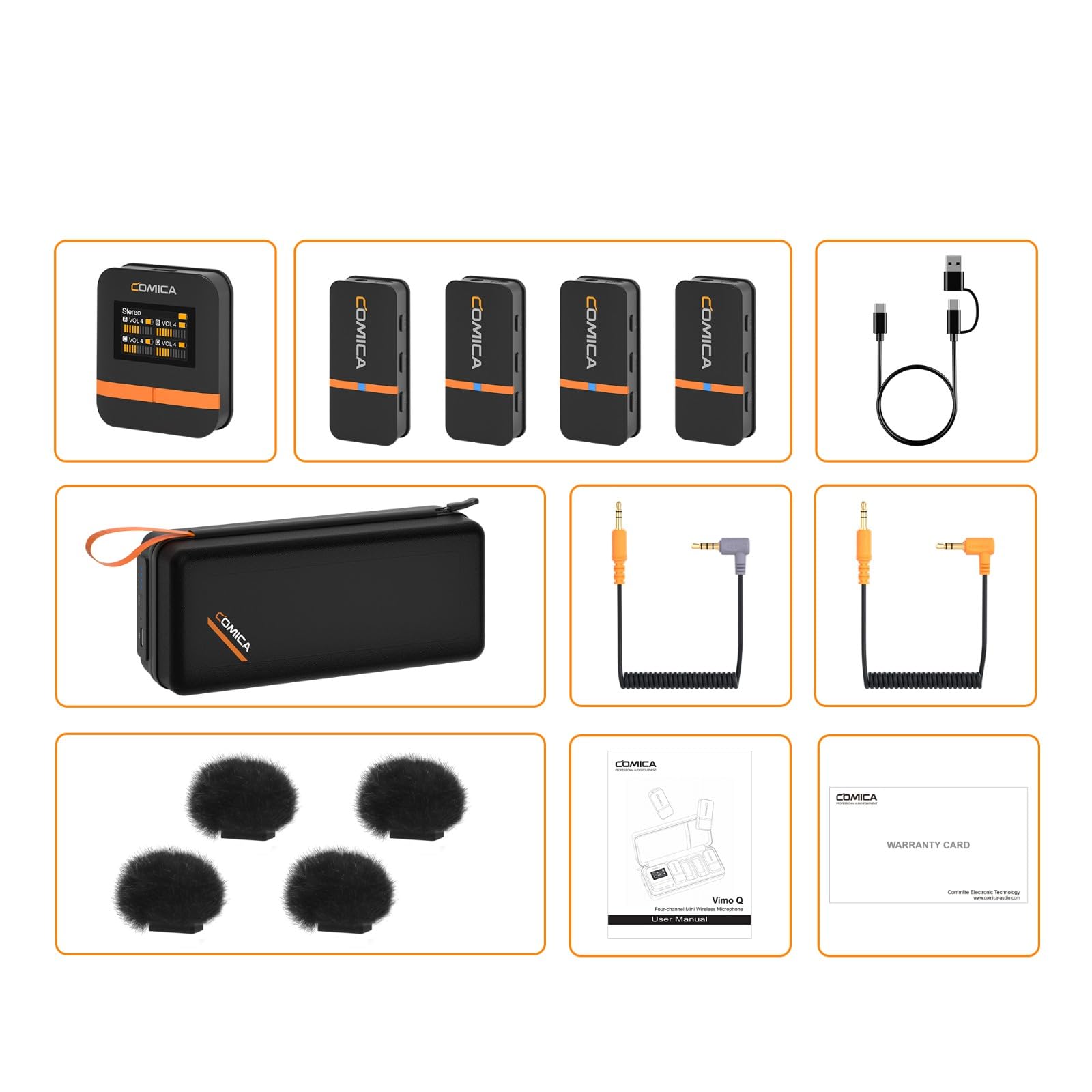 Comica Vimo Q Four-Channel Mini Wireless Lavalier Microphone System With 4 Transmitters And 1 Receiver With Charging Case For Ph