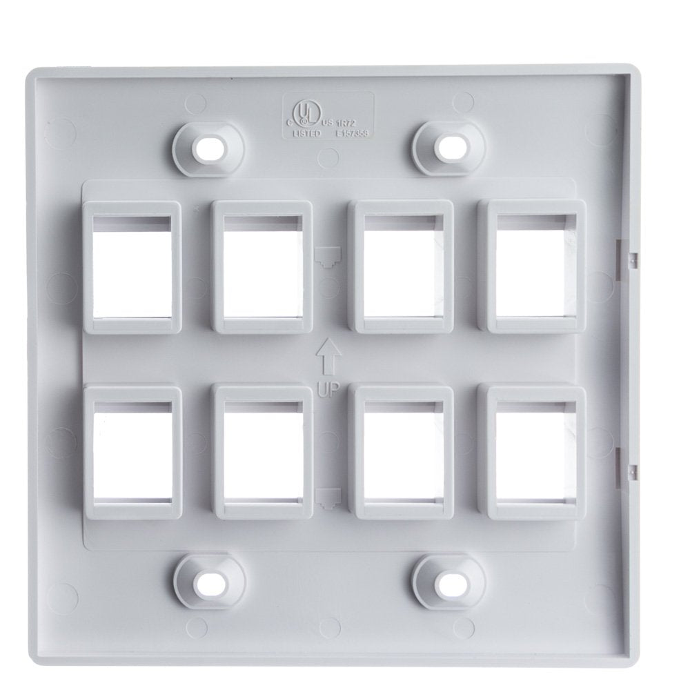 Keystone Wall Plate 8 Port, White (Cat5E, Cat6, Coax (Video), Aux (Cat6 For Data, Ip Phone, Pots Or Other), Dual Gang, Cablewhol