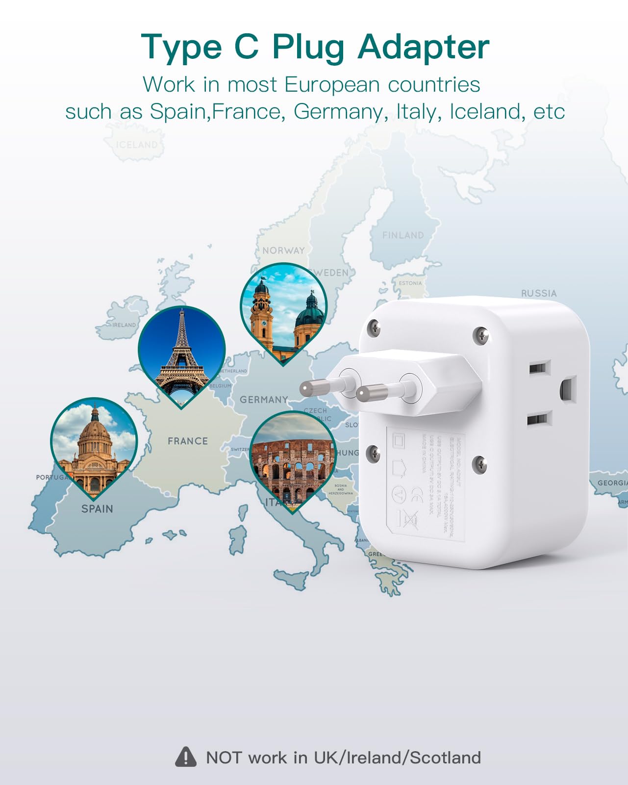 3 Pack European Travel Plug Adapter, Addtam Us To Europe Plug Adapter With 3 Outlets 3 Usb Charger (2 Usb C Port), Type C Power